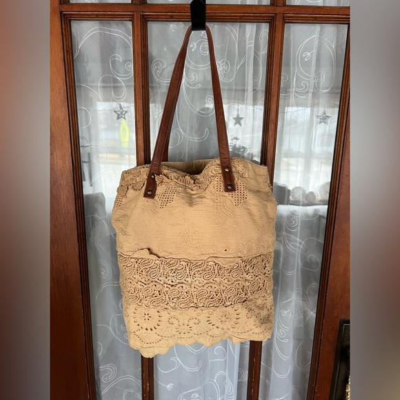 Free People Carmel Tan Lace Tote Bag Purse Boho Cottagecore Lagenlook - Picture 5 of 16